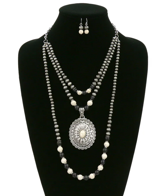 Western Navajo Style Pearl with Concho Necklace Set