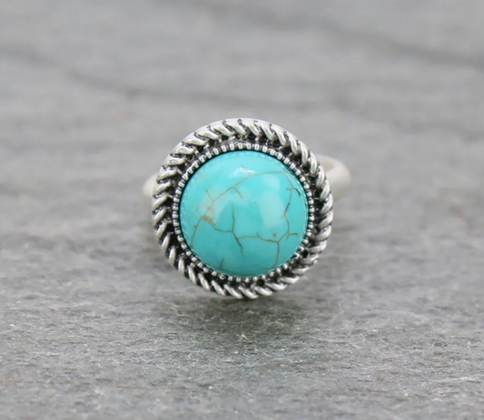 0.7″ Long, 12mm Natural Turquoise Adjustable Ring, Bronze Single Band