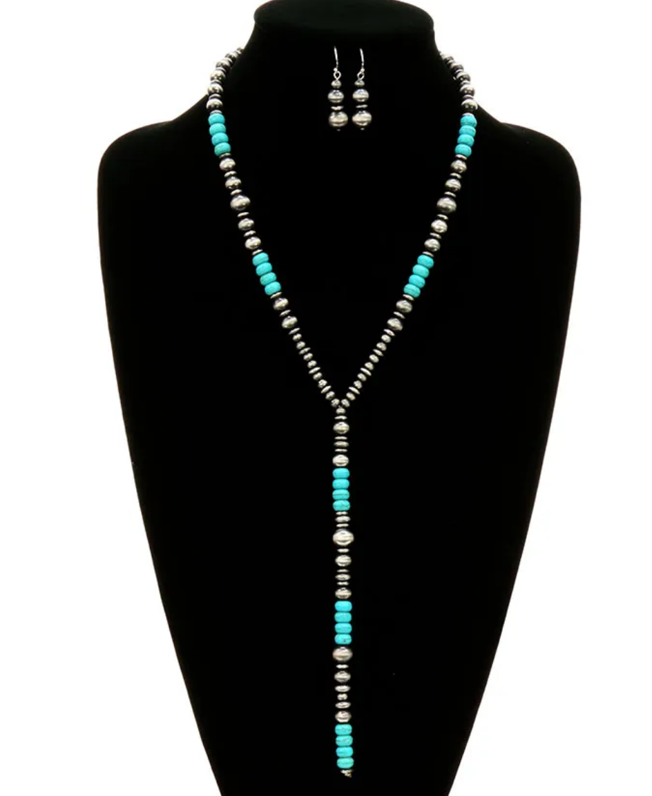 Western Navajo Style Pearl and Bead Y Necklace Set