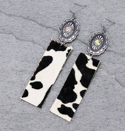 Genuine Leather Cow Rectangle with Concho Dangle Earrings