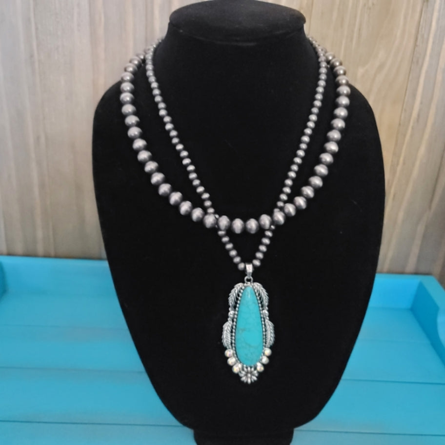 Layered Navajo Style Pearl with Pendant Necklace