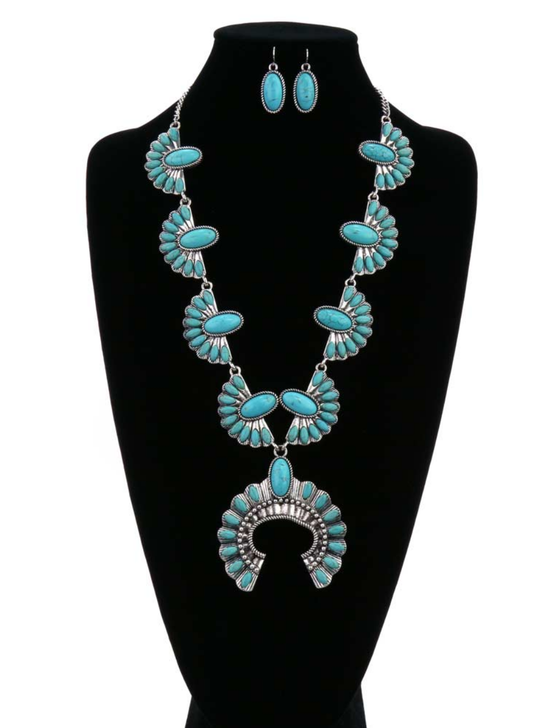 Fashion Navajo Style Squash Blossom Turquoise Necklace Set