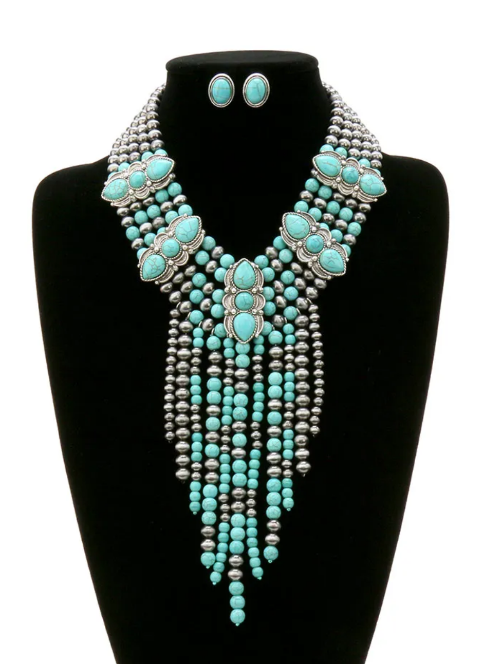 Western Stone with Pearl Tassel Necklace Set