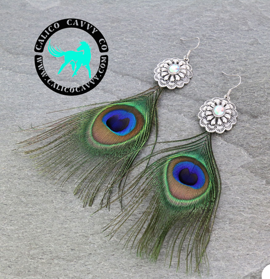 5″ Western Concho with Peacock Feather Dangle Earrings