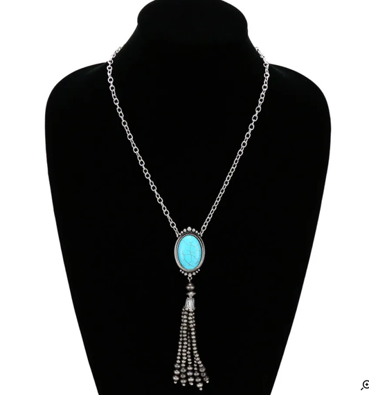 Rectangle Stone with Navajo Bead Tassel Necklace