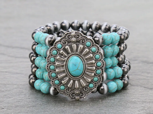 Navajo Style Pearl with Concho Stretch Bracelet