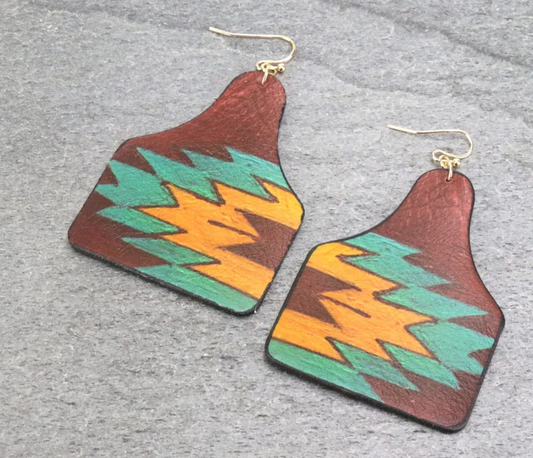 Aztec Printed Cattle Tag Leather Dangle Earrings