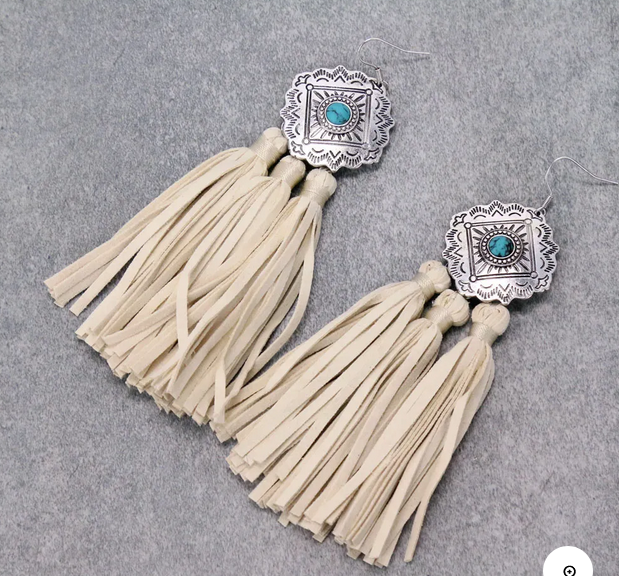 Concho with Leather Tassel Dangle Earrings