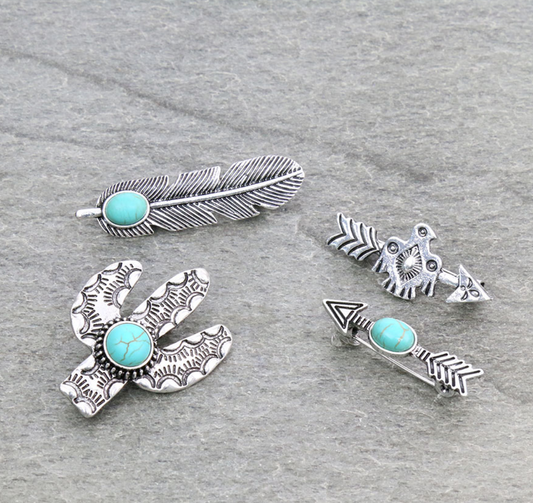 Western Cactus/Arrow Turquoise Stone Pins Set