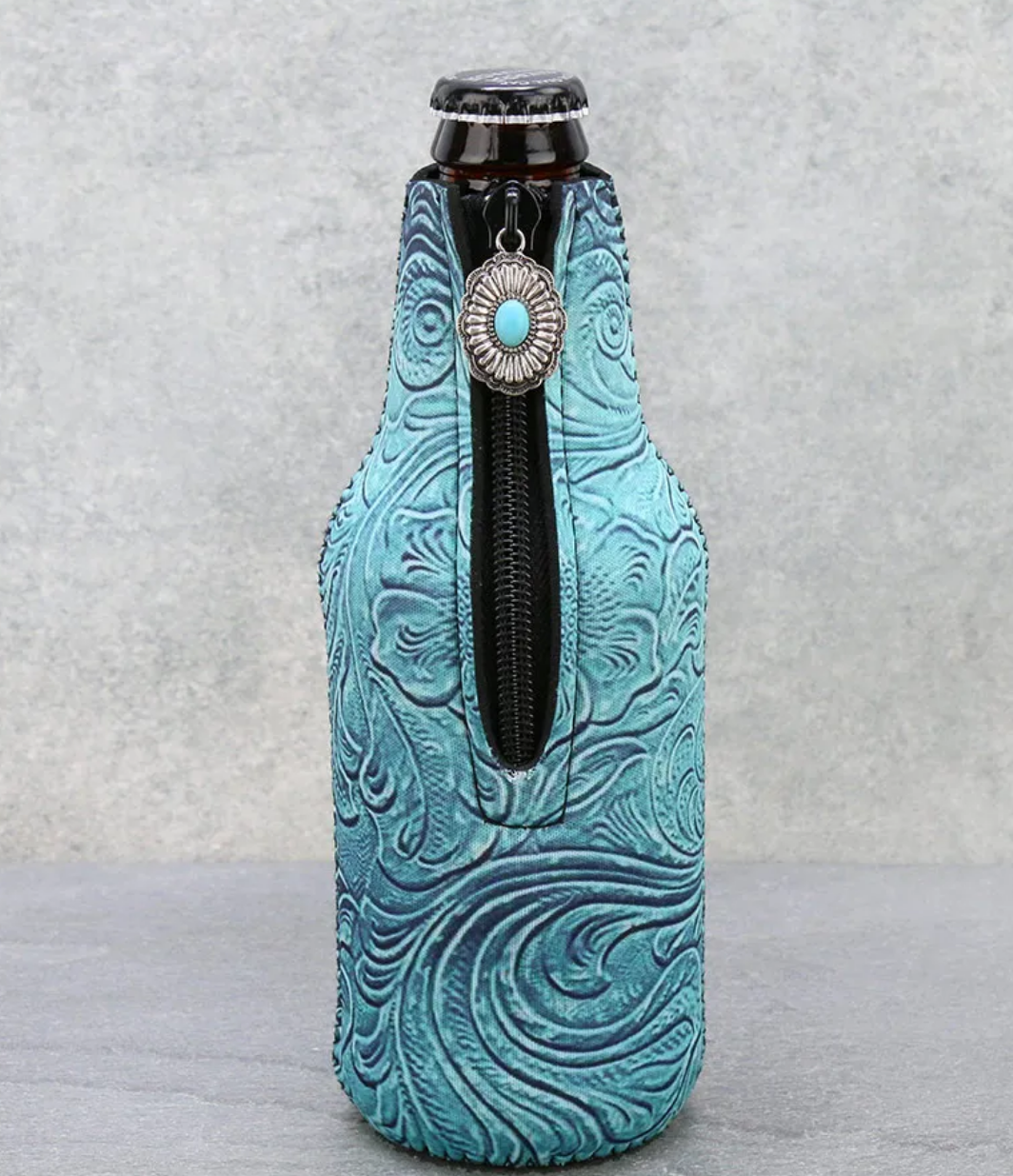 Turquoise Leather Embossed Design Bottle Drink Sleeve/Cooler
