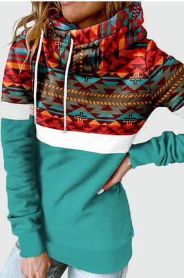 Colorblock Geo Print Drawstring Hoodie