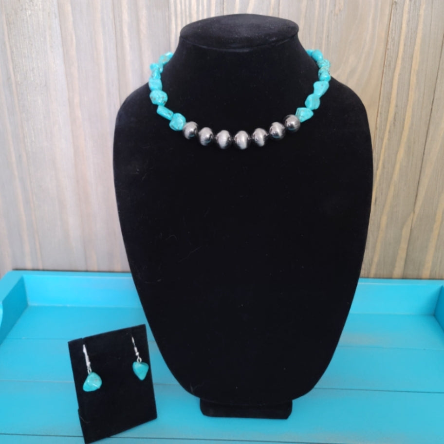 Boulder Creek Turquoise and Silver Pearl Necklace and Earring Set