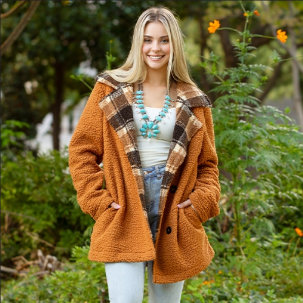 Fleece Sherpa Plaid Accents With Pockets